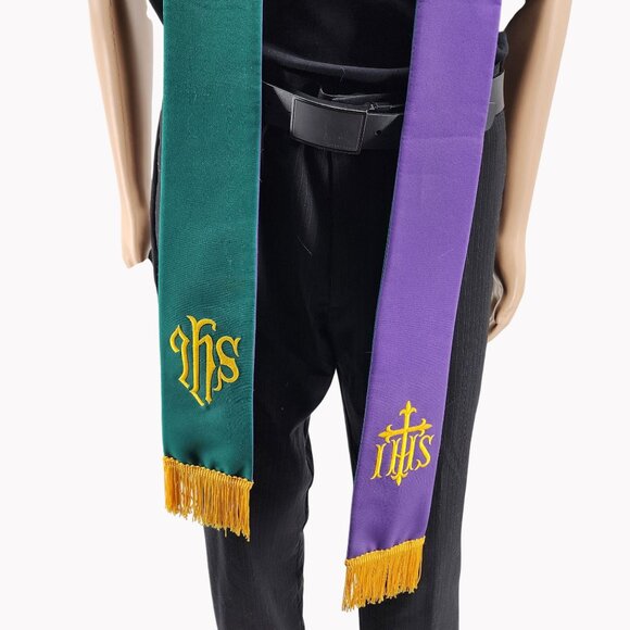 Abbott Hall 88in Reversible Purple Green IHS Clergy Stole Embroidered Vestment - Picture 6 of 6